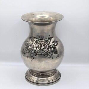 Rare Antique Etain Pewter Vintage Vase Floral Imprint Makers Marks (ES 1769)